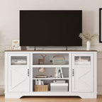 Meuble TV haut 34" Washed Ash pour TV 65", meuble de divertissement avec placards de rangement, éclairage LED, prise de courant, console multimédia