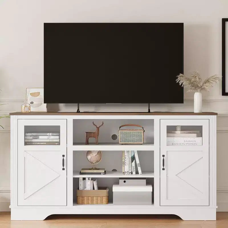 Meuble TV haut 34" Washed Ash pour TV 65", meuble de divertissement avec placards de rangement, éclairage LED, prise de courant, console multimédia