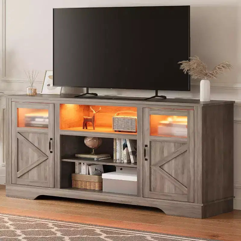 Meuble TV haut 34" Washed Ash pour TV 65", meuble de divertissement avec placards de rangement, éclairage LED, prise de courant, console multimédia
