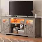 Meuble TV haut 34" Washed Ash pour TV 65", meuble de divertissement avec placards de rangement, éclairage LED, prise de courant, console multimédia