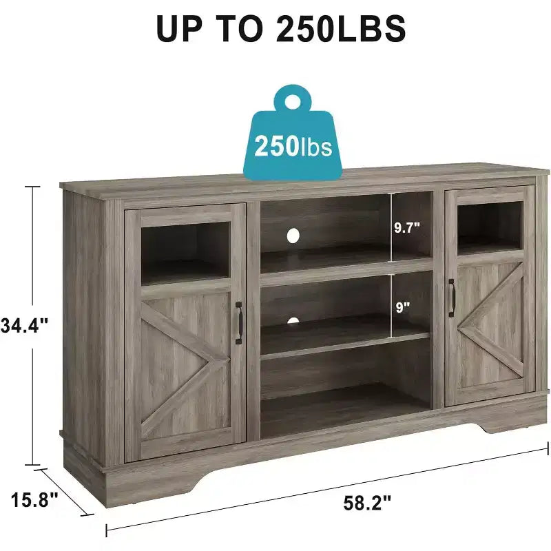 Meuble TV haut 34" Washed Ash pour TV 65", meuble de divertissement avec placards de rangement, éclairage LED, prise de courant, console multimédia