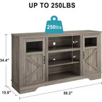 Meuble TV haut 34" Washed Ash pour TV 65", meuble de divertissement avec placards de rangement, éclairage LED, prise de courant, console multimédia