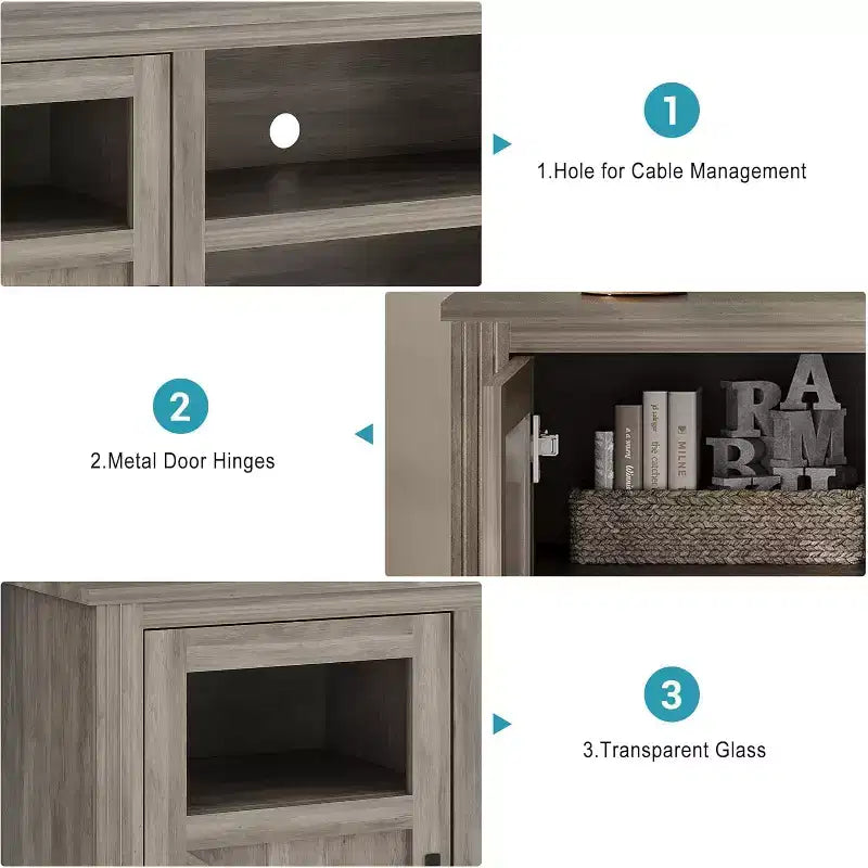 Meuble TV haut 34" Washed Ash pour TV 65", meuble de divertissement avec placards de rangement, éclairage LED, prise de courant, console multimédia