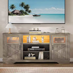 Meuble TV haut 34" Washed Ash pour TV 65", meuble de divertissement avec placards de rangement, éclairage LED, prise de courant, console multimédia