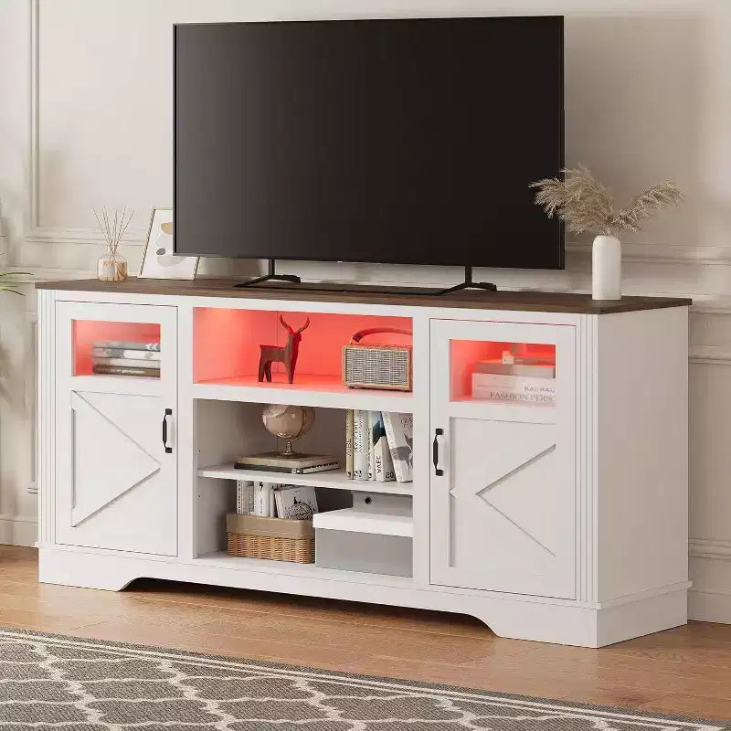 Meuble TV haut 34" Washed Ash pour TV 65", meuble de divertissement avec placards de rangement, éclairage LED, prise de courant, console multimédia