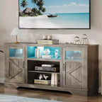 Meuble TV haut 34" Washed Ash pour TV 65", meuble de divertissement avec placards de rangement, éclairage LED, prise de courant, console multimédia