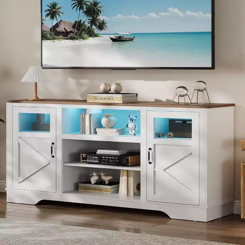 34 Washed Ash Tall TV Stand for 65 TVs, Entertainment Center with Storage Cabinets, LED Light, Power Outlet, Media Console