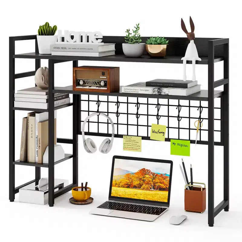 Étagère de bureau Costway à 4 niveaux avec panneau de grille métallique et 6 crochets marron/noir