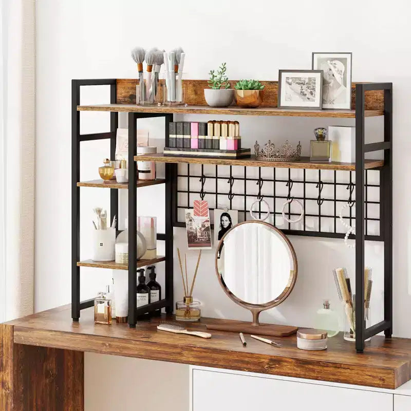 Étagère de bureau Costway à 4 niveaux avec panneau de grille métallique et 6 crochets marron/noir