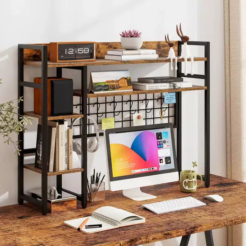 Étagère de bureau Costway à 4 niveaux avec panneau de grille métallique et 6 crochets marron/noir