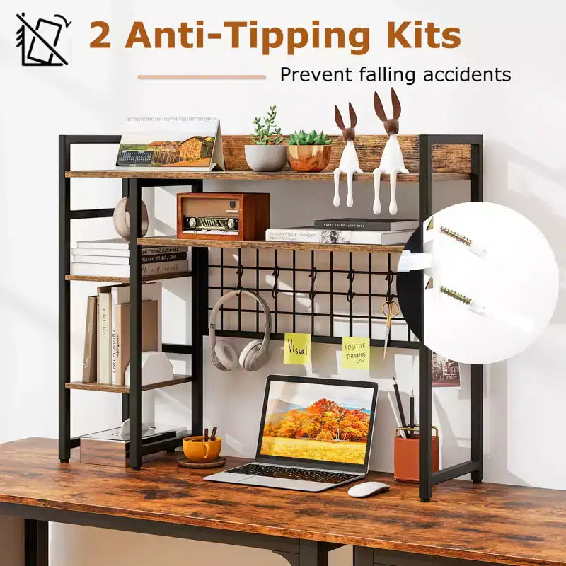 Étagère de bureau Costway à 4 niveaux avec panneau de grille métallique et 6 crochets marron/noir