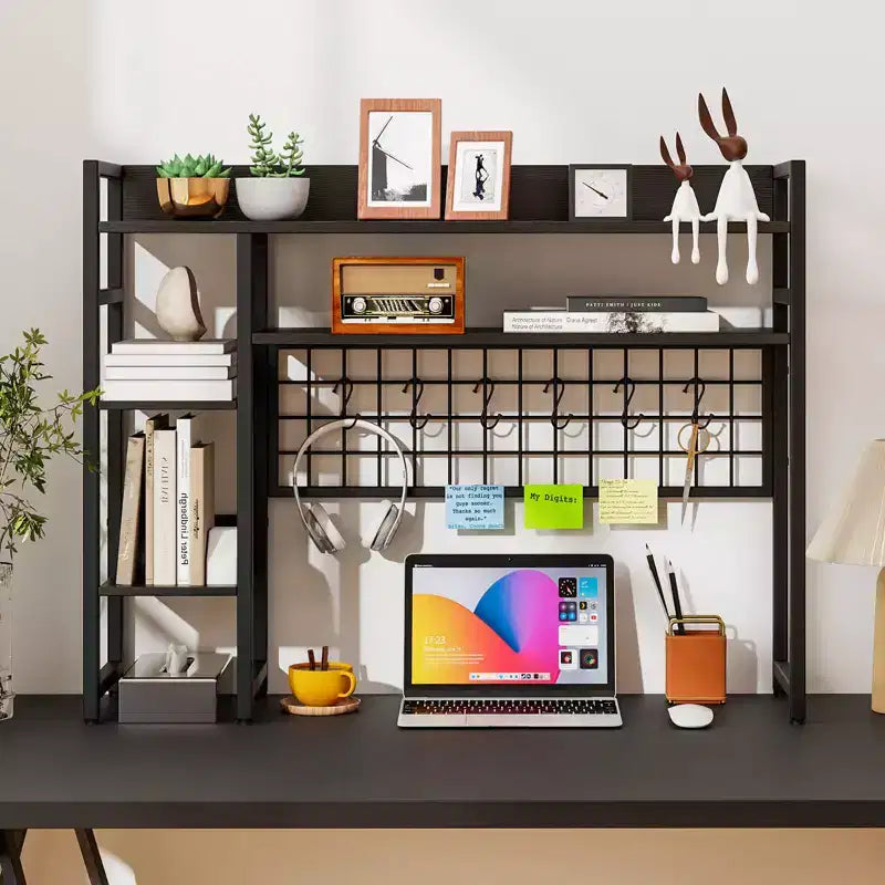 Étagère de bureau Costway à 4 niveaux avec panneau de grille métallique et 6 crochets marron/noir