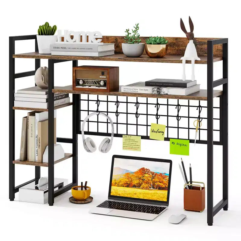 Étagère de bureau Costway à 4 niveaux avec panneau de grille métallique et 6 crochets marron/noir