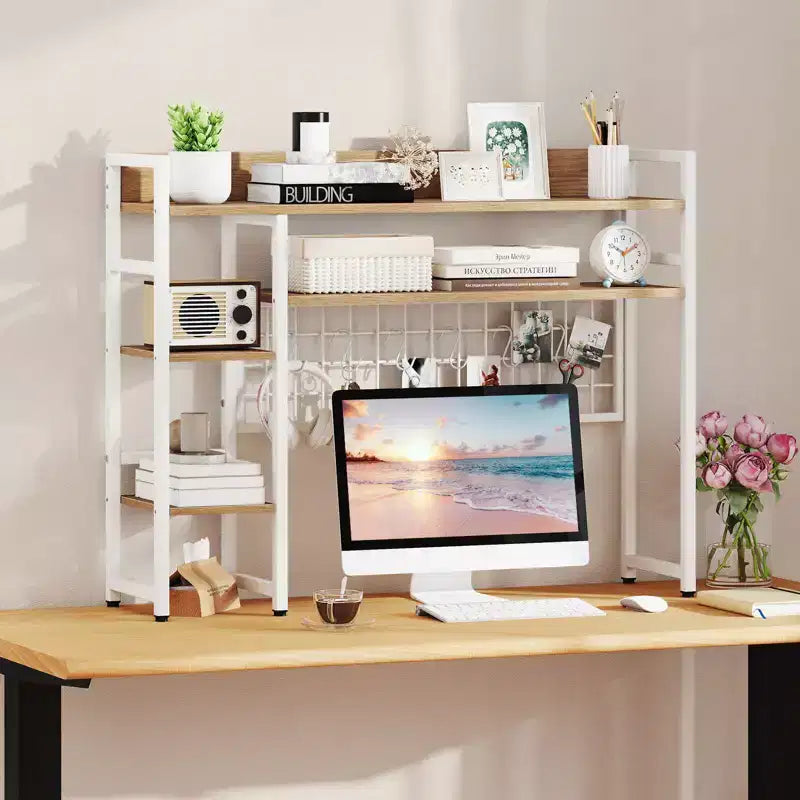 Étagère de bureau Costway à 4 niveaux avec panneau de grille métallique et 6 crochets marron/noir