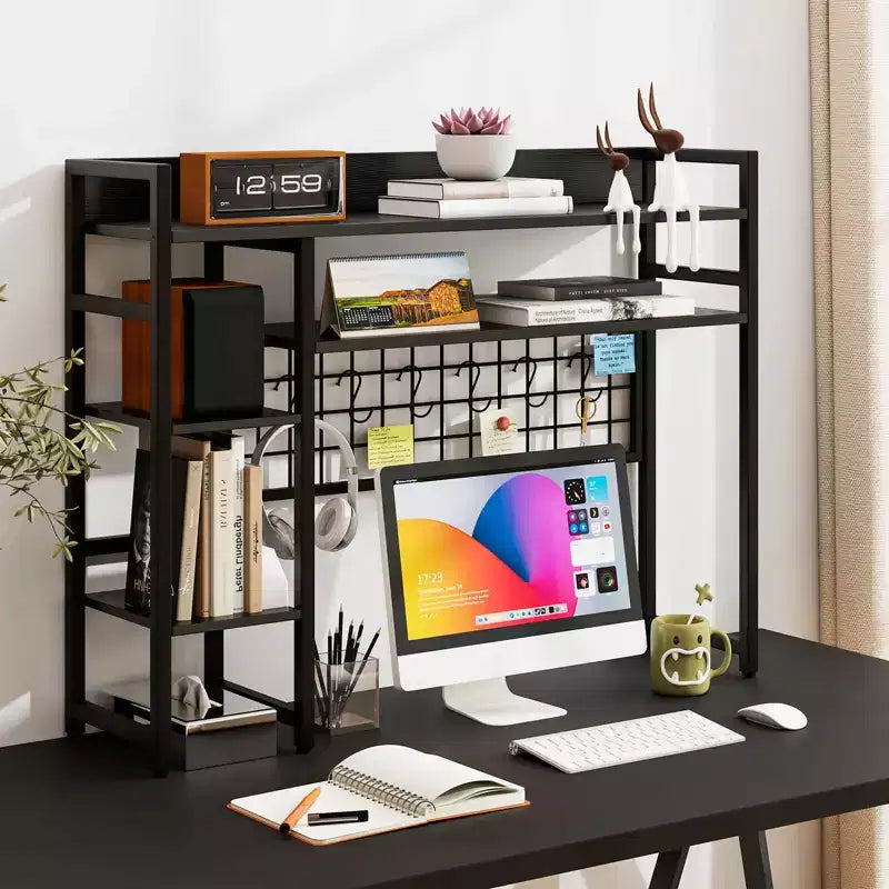Étagère de bureau Costway à 4 niveaux avec panneau de grille métallique et 6 crochets marron/noir