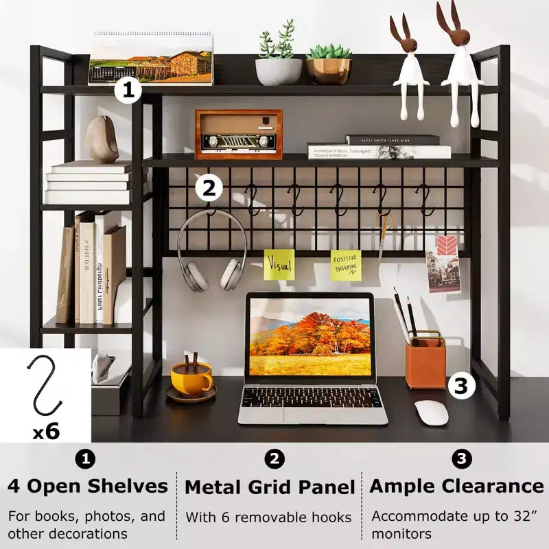 Étagère de bureau Costway à 4 niveaux avec panneau de grille métallique et 6 crochets marron/noir