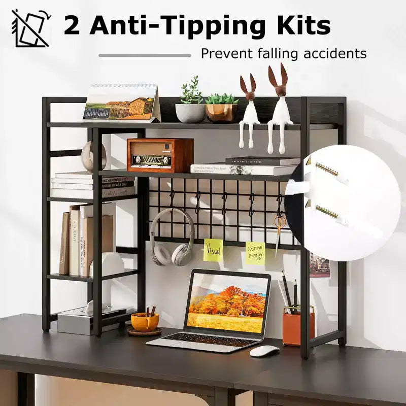 Étagère de bureau Costway à 4 niveaux avec panneau de grille métallique et 6 crochets marron/noir