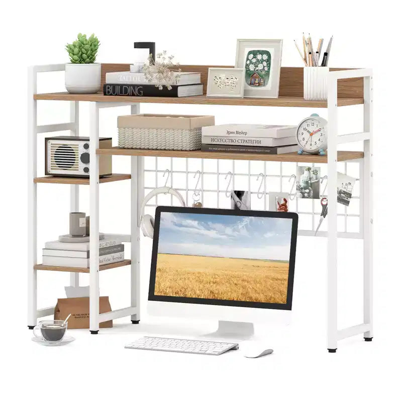 Étagère de bureau Costway à 4 niveaux avec panneau de grille métallique et 6 crochets marron/noir