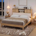Boho Rattan King Bed Frame with Headboard & Sliding Door Storage Shelves, Solid Wood Foundation, Noise-Free, No Box Spring Needed
