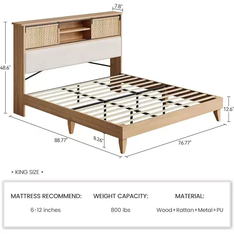 Cadre de lit king-size en rotin bohème avec tête de lit et étagères de rangement à portes coulissantes, base en bois massif, silencieux, pas besoin de sommier tapissier