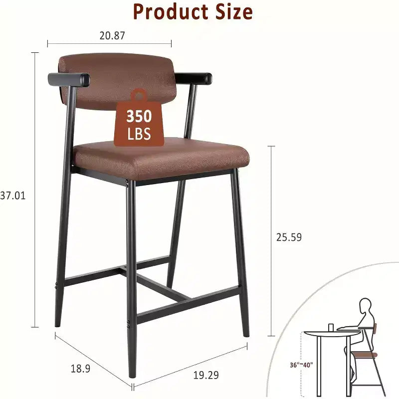 Lot de 2 tabourets de bar hauteur 67 cm - Rembourrés avec accoudoirs, coussin épais et dossier, marron rétro - Cuisine/Salle à manger
