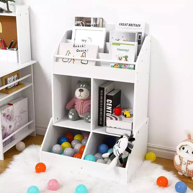 Organisateur et étagère à jouets en bois à 3 niveaux pour enfants - Système de rangement à 4 compartiments