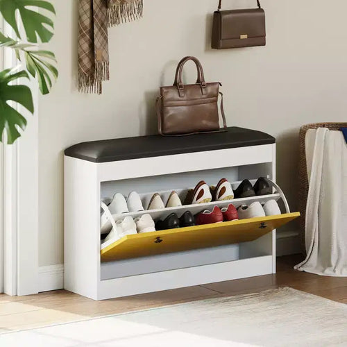 31.5 Shoe Storage Bench - Flip-Drawer Organizer w/PU Cushion for Entryway, Hallway & Living Room