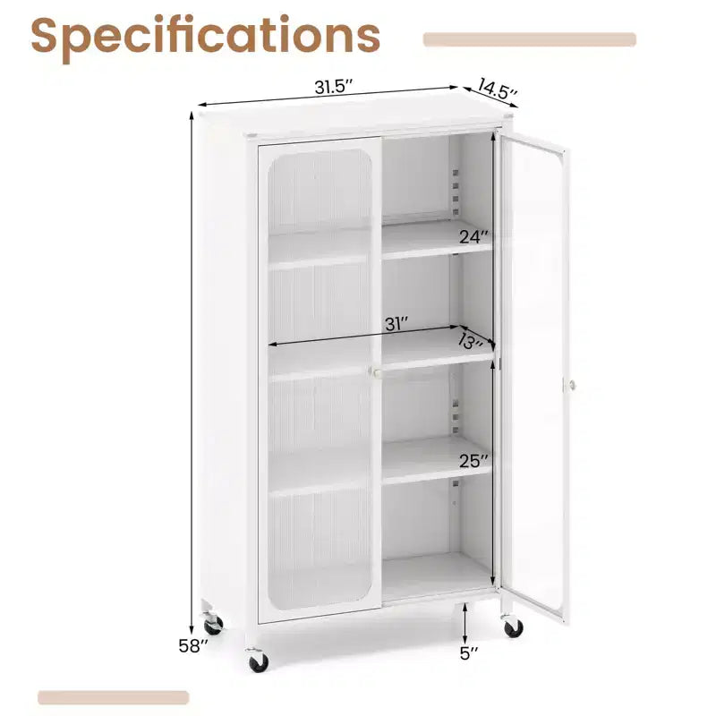 Meuble de rangement Costway avec roulettes et 2 portes translucides, étagères réglables, buffet 31,5 x 14,5 x 58
