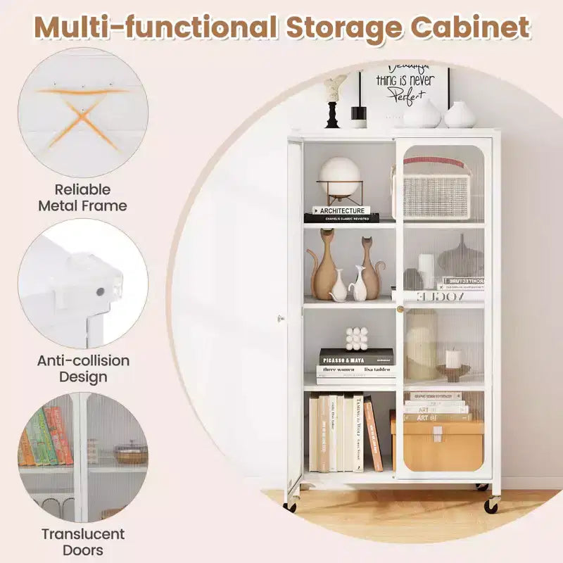 Meuble de rangement Costway avec roulettes et 2 portes translucides, étagères réglables, buffet 31,5 x 14,5 x 58