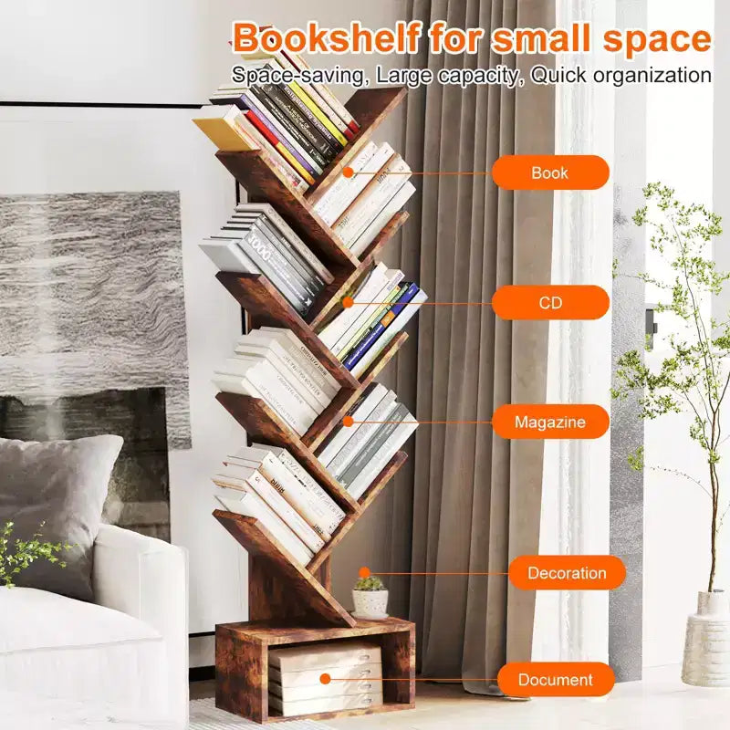 Bibliothèque Arbre à 8 Niveaux, Étagère à Livres sur Pied avec Tiroir, Étagères de Rangement pour Livres, Bibliothèque sur Pied