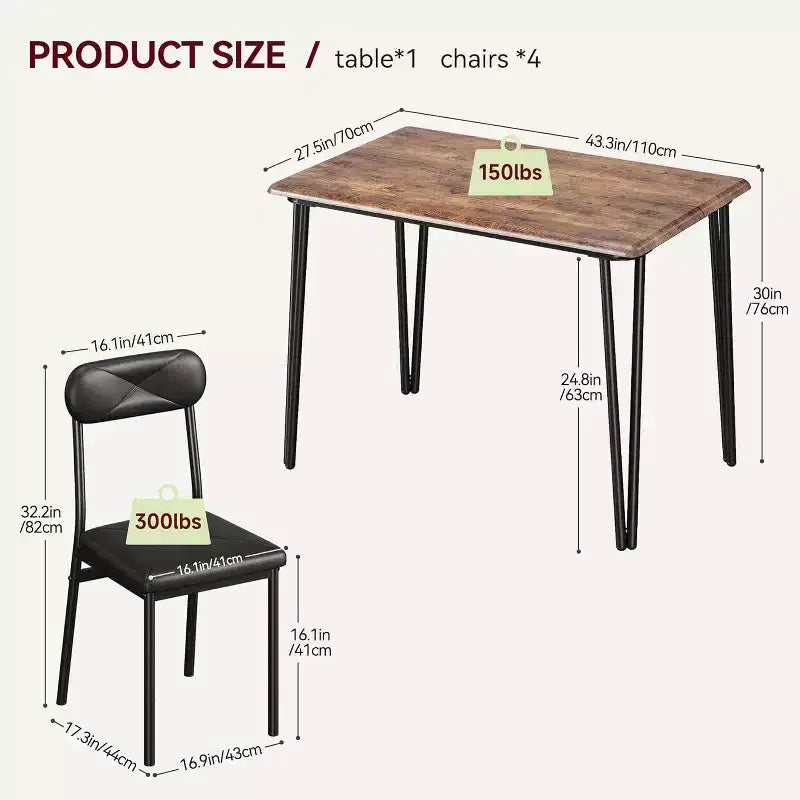Ensemble de salle à manger 4 pièces pour petits espaces, table de cuisine avec 4 chaises rembourrées, meubles de salle à manger compacts pour appartements et maisons douillettes