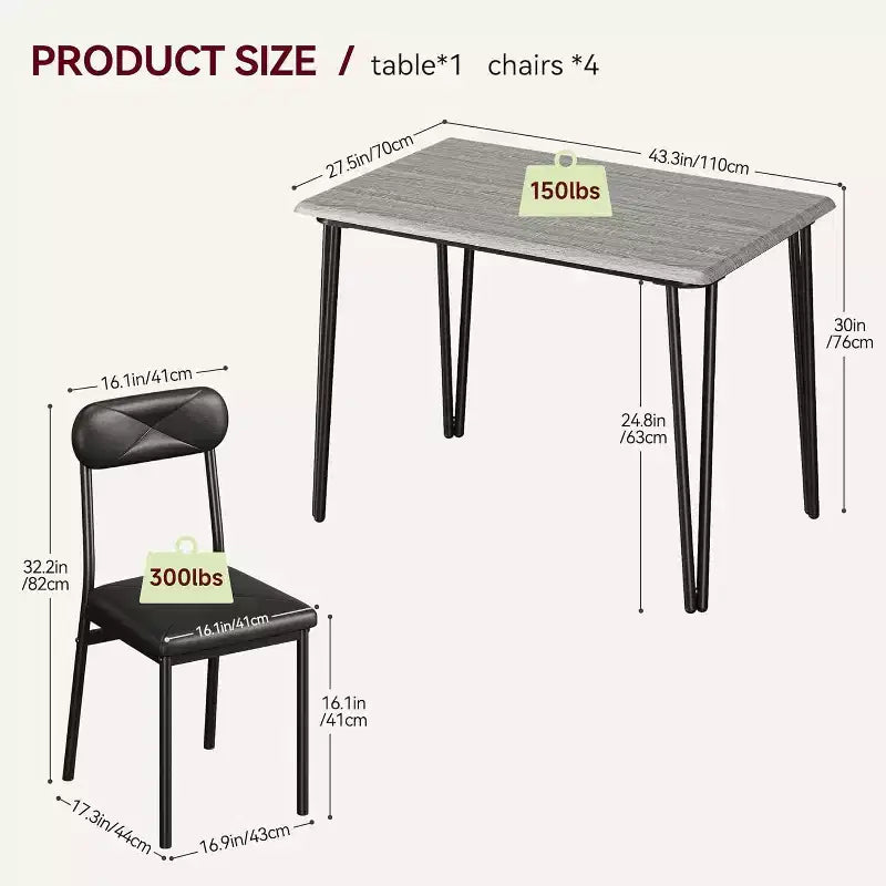 Ensemble de salle à manger 4 pièces pour petits espaces, table de cuisine avec 4 chaises rembourrées, meubles de salle à manger compacts pour appartements et maisons douillettes