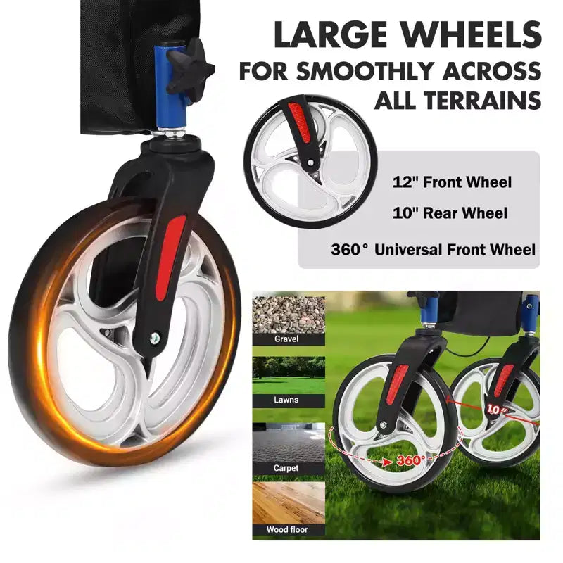 Déambulateur tout-terrain avec siège, dossier, poignées, déambulateur pour personnes âgées, 12 roues en caoutchouc, déambulateurs pliables en aluminium léger