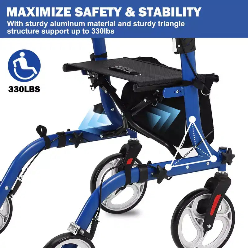 Déambulateur tout-terrain avec siège, dossier, poignées, déambulateur pour personnes âgées, 12 roues en caoutchouc, déambulateurs pliables en aluminium léger