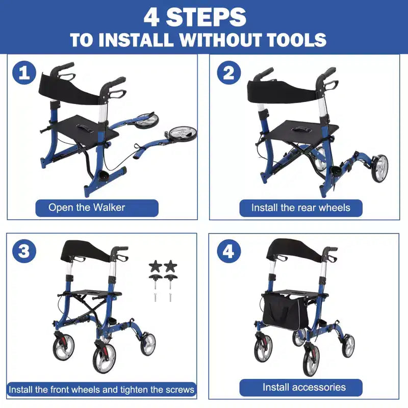 Déambulateur tout-terrain avec siège, dossier, poignées, déambulateur pour personnes âgées, 12 roues en caoutchouc, déambulateurs pliables en aluminium léger