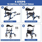 Déambulateur tout-terrain avec siège, dossier, poignées, déambulateur pour personnes âgées, 12 roues en caoutchouc, déambulateurs pliables en aluminium léger