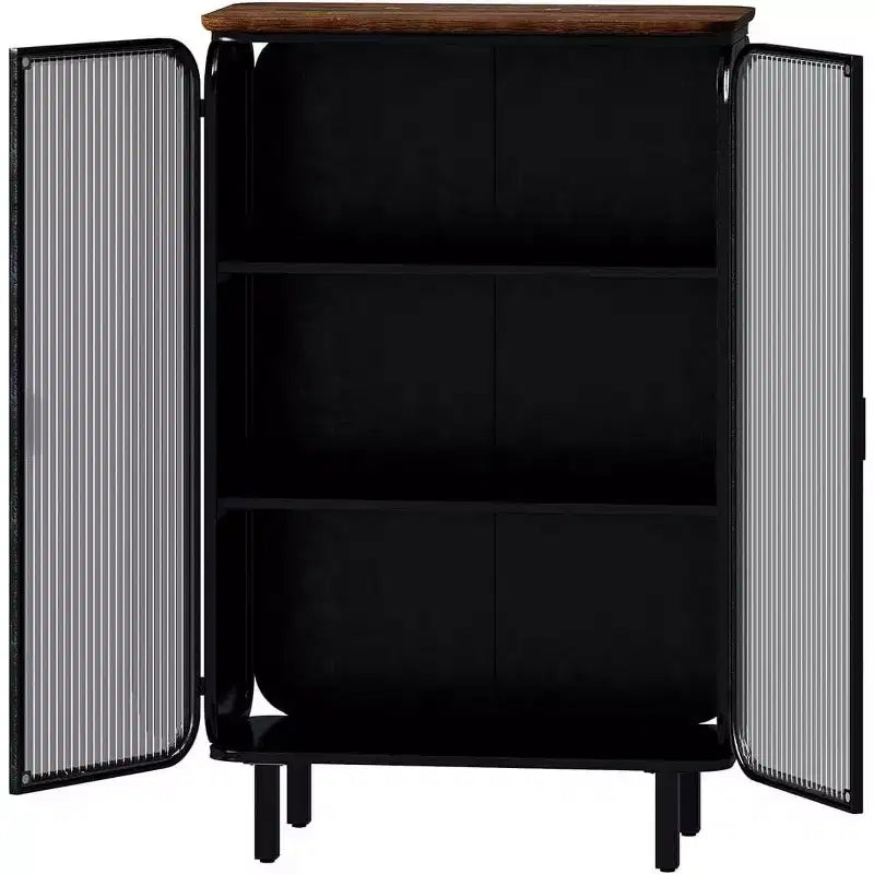 Acekool Meuble de Rangement à 3 Niveaux de 72 cm avec 2 Portes Vitrées, Organisateur de Rangement Moderne pour Entrée, Salon, Bureau, Salle à Manger, Noir+Marron
