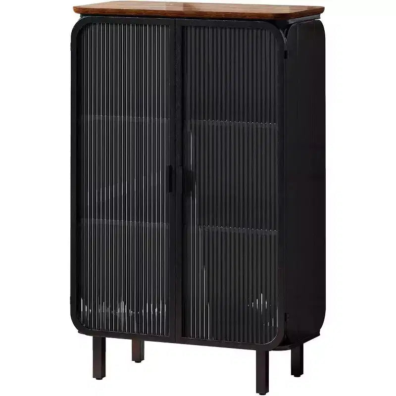Acekool Meuble de Rangement à 3 Niveaux de 72 cm avec 2 Portes Vitrées, Organisateur de Rangement Moderne pour Entrée, Salon, Bureau, Salle à Manger, Noir+Marron