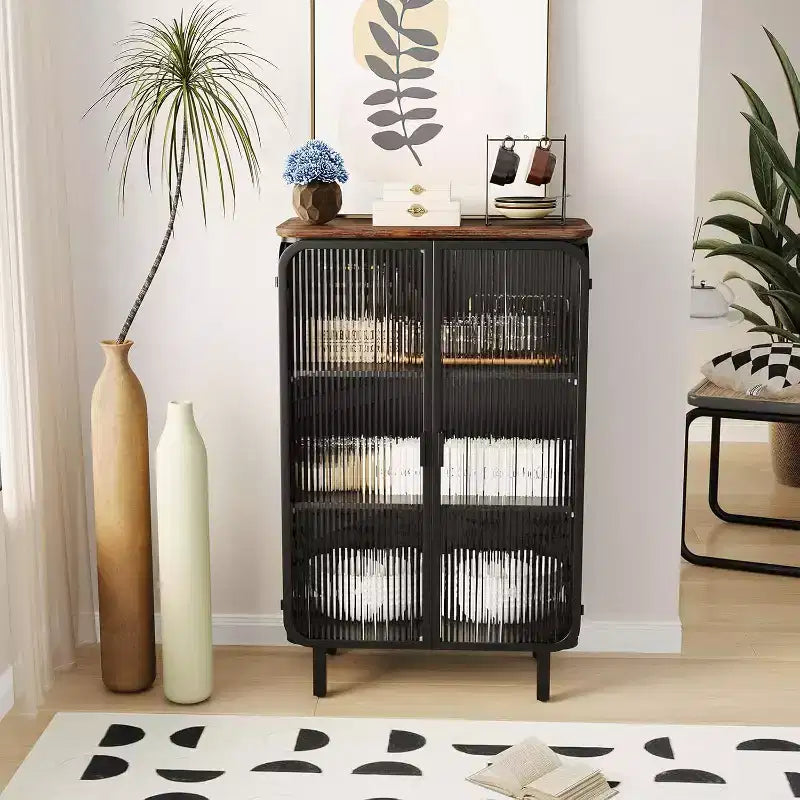 Acekool Meuble de Rangement à 3 Niveaux de 72 cm avec 2 Portes Vitrées, Organisateur de Rangement Moderne pour Entrée, Salon, Bureau, Salle à Manger, Noir+Marron