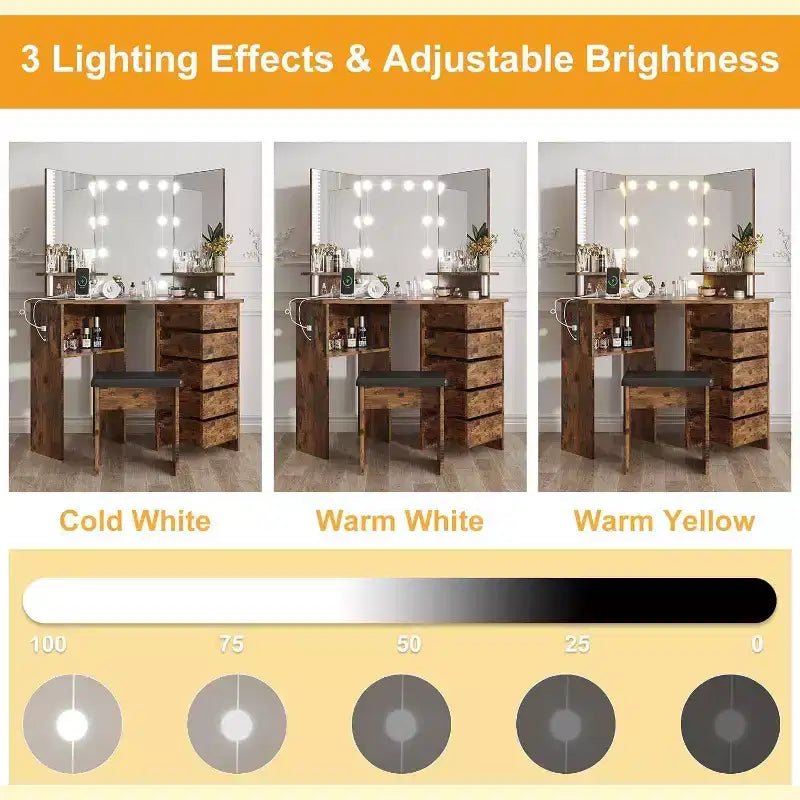Coiffeuse d'angle Acekool avec miroir éclairé, multiprise, 5 tiroirs rotatifs, LED 3 couleurs réglables, étagères et tabouret, table de maquillage peu encombrante