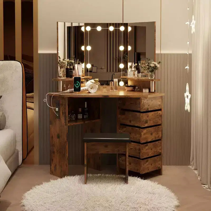 Coiffeuse d'angle Acekool avec miroir éclairé, multiprise, 5 tiroirs rotatifs, LED 3 couleurs réglables, étagères et tabouret, table de maquillage peu encombrante