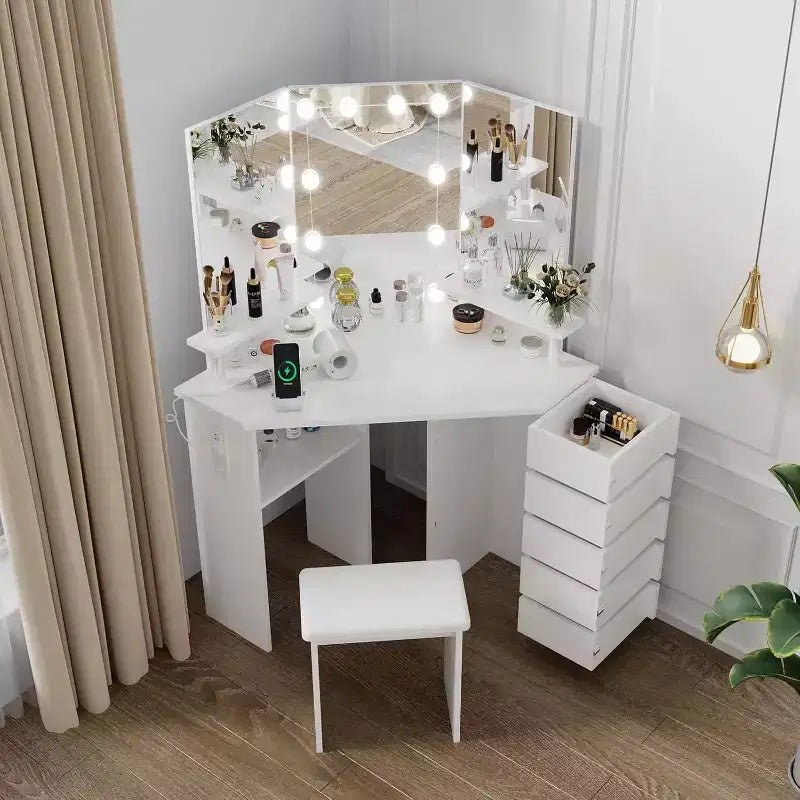 Coiffeuse d'angle Acekool avec miroir éclairé, multiprise, 5 tiroirs rotatifs, LED 3 couleurs réglables, étagères et tabouret, table de maquillage peu encombrante