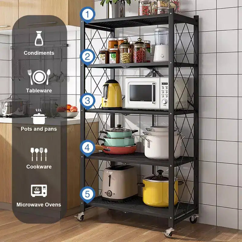 Lot de casiers de cuisine en acier au carbone - Étagère de rangement métallique, pliable, multicouche, sans installation requise, convient pour micro-ondes, four