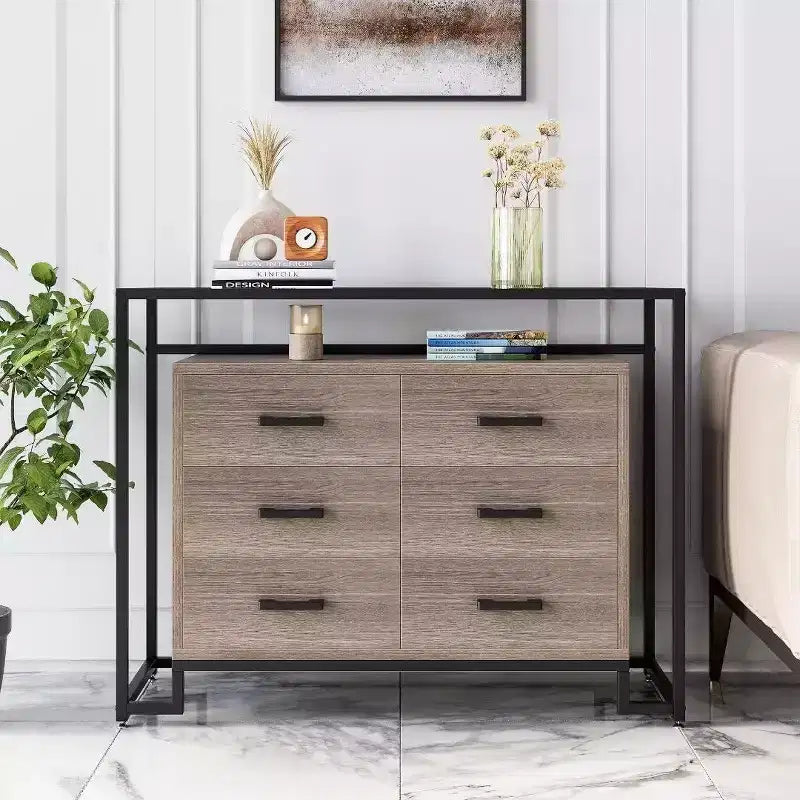 Acekool 6-Drawer Dresser with Tempered Glass Shelves - Brown/Wood
