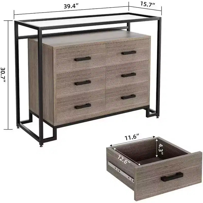 Commode Acekool à 6 tiroirs avec étagères en verre trempé - Marron/Bois