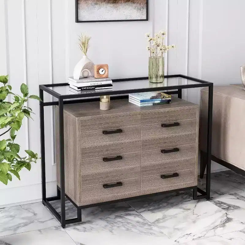Commode Acekool à 6 tiroirs avec étagères en verre trempé - Marron/Bois