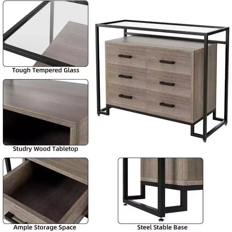 Commode Acekool à 6 tiroirs avec étagères en verre trempé - Marron/Bois