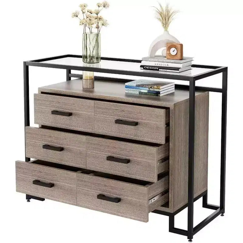 Commode Acekool à 6 tiroirs avec étagères en verre trempé - Marron/Bois