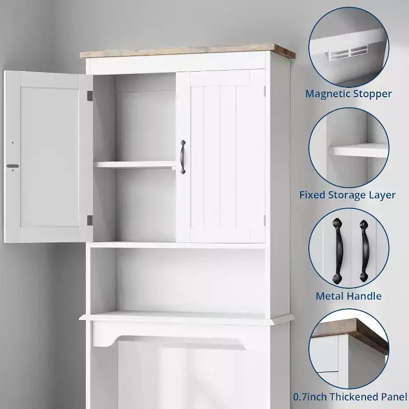 Meuble de rangement sur toilettes de 168 cm, organisateur de salle de bain autoportant avec deux portes et étagères réglables, dispositif anti-basculement, assemblage facile, blanc