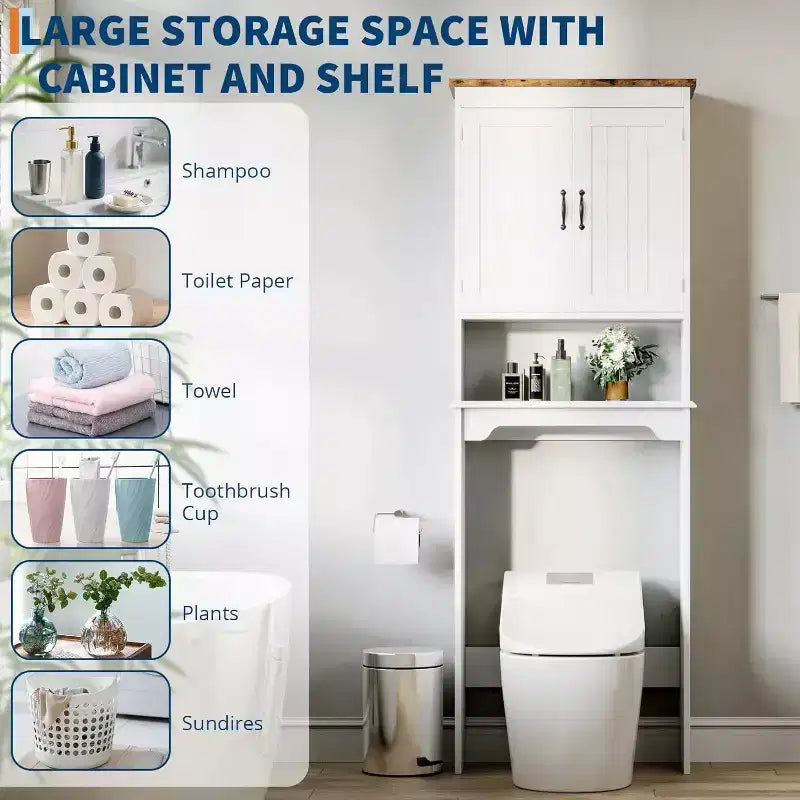 Meuble de rangement sur toilettes de 168 cm, organisateur de salle de bain autoportant avec deux portes et étagères réglables, dispositif anti-basculement, assemblage facile, blanc